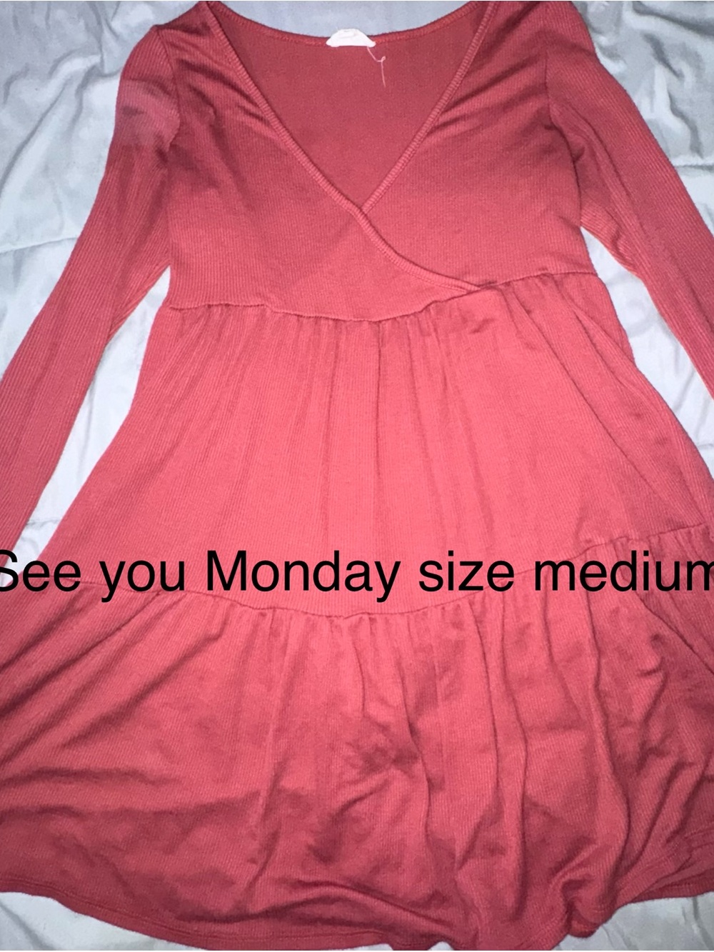 See You Monday Coral Long-Sleeve Tiered V-Neck Dress